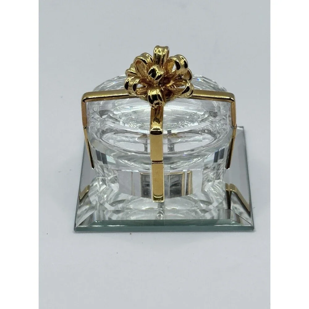Glass Trinket Box Gold Bow Hinged Jewelry Holder Ring Box w Mirror